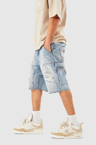 CARPENTER DISTRESSED DENIM SHORT - BLUE