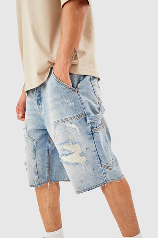 CARPENTER DISTRESSED DENIM SHORT - BLUE